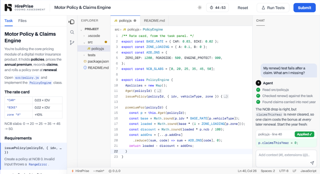 The HirePrise assessment screen: the task brief on the left, the project files and code in the middle, and the AI assistant on the right